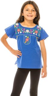 Traditional Puebla Mexican Youth Girl Embroidered Blouse Size 4-14